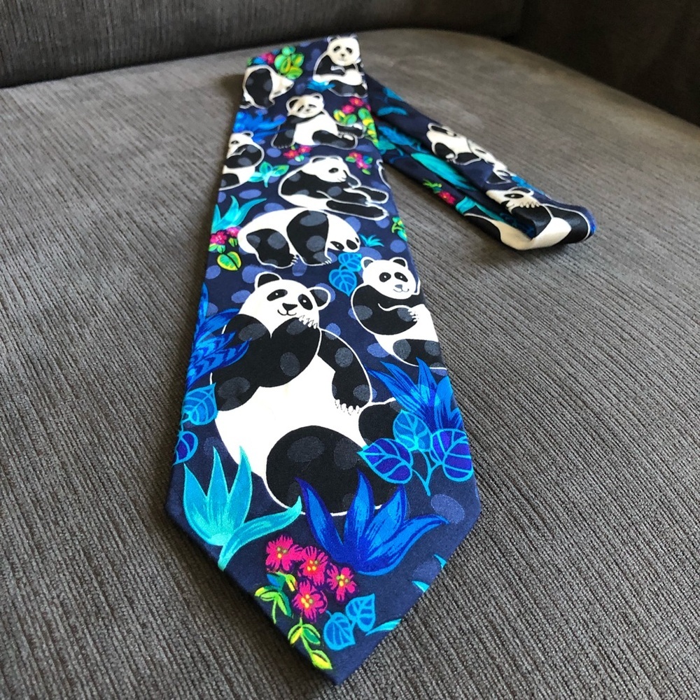 100% Silk tie panda bear animal floral flower leaf fun pattern tropical